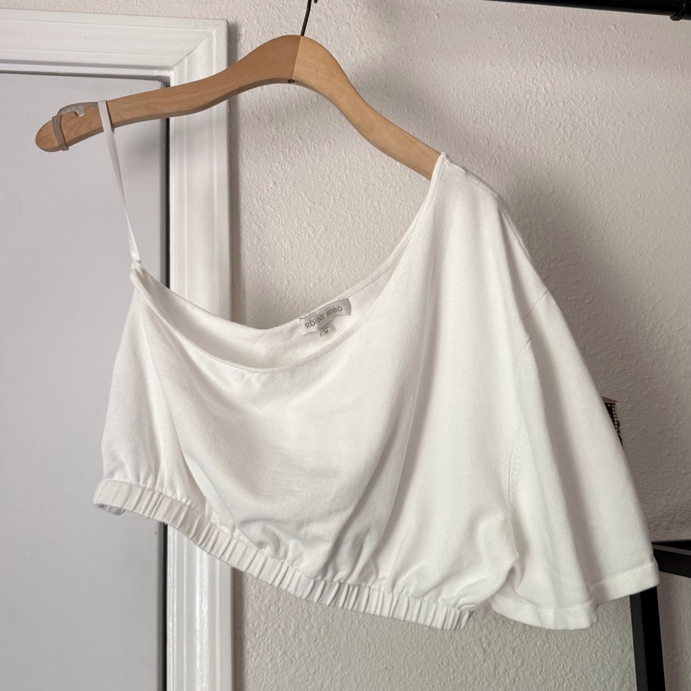 RONNY KOBO white cotton one shoulder short sleeve boxy cropped tee top